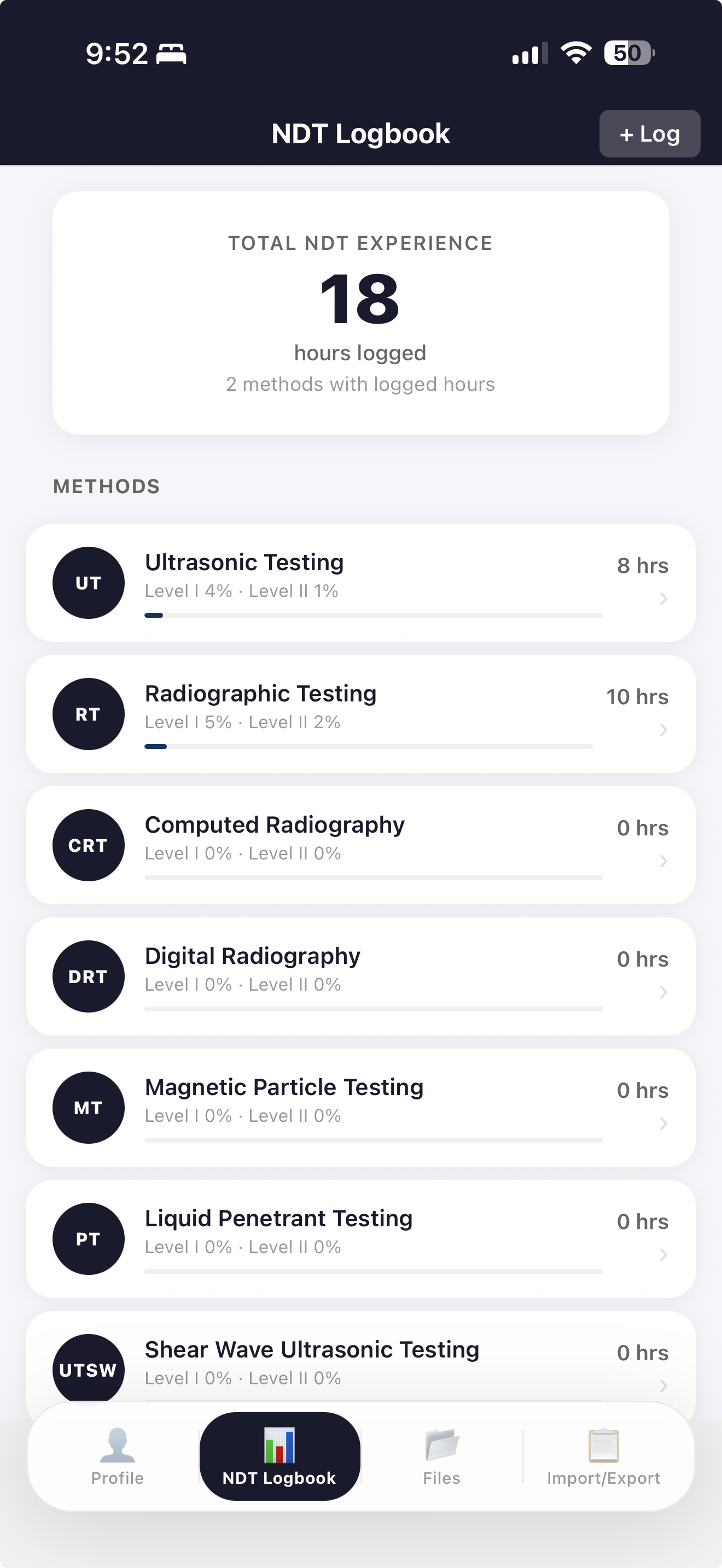 NDT Logbook — methods overview